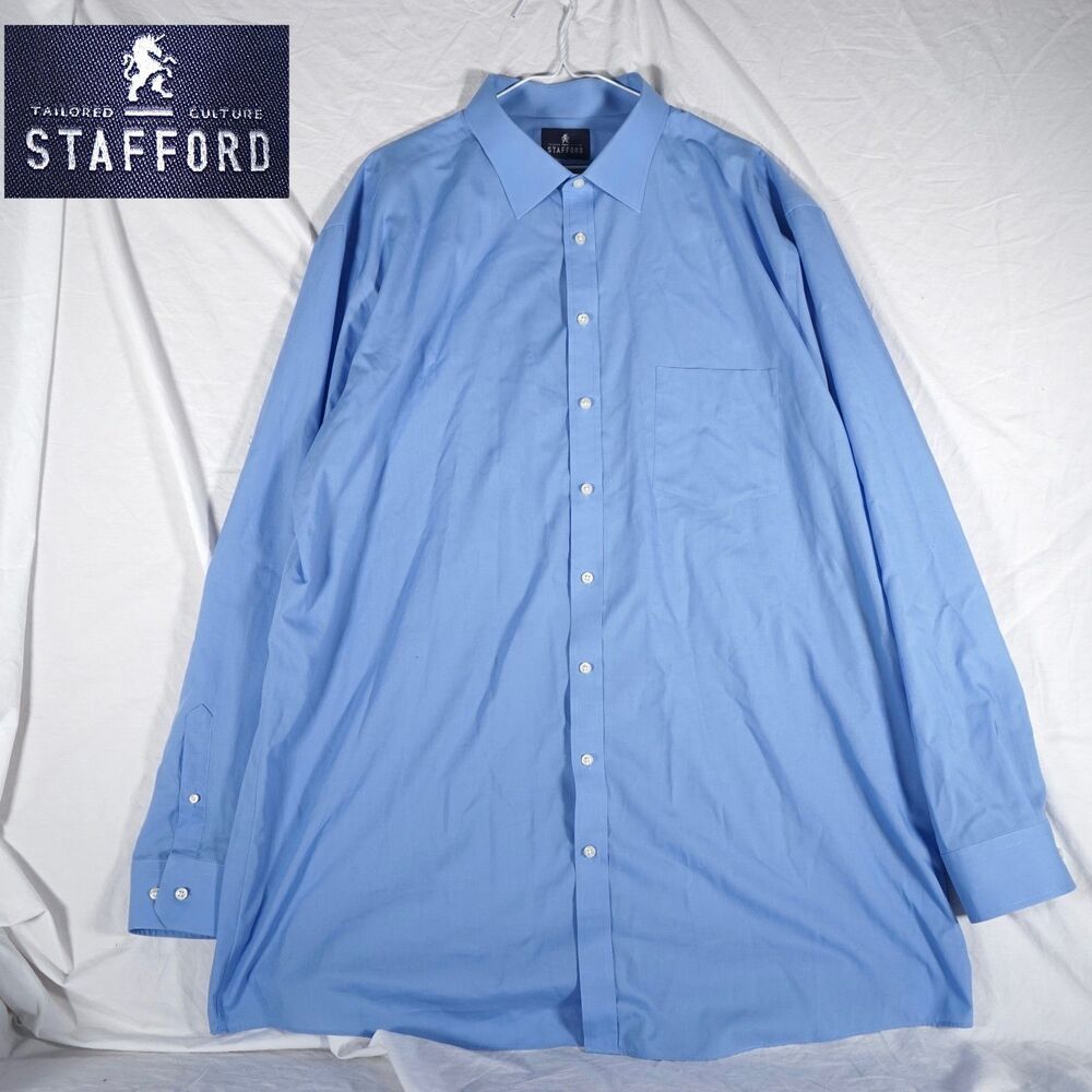 Stafford Button Up Dress Shirt Blue Easy Care Broadcloth 19